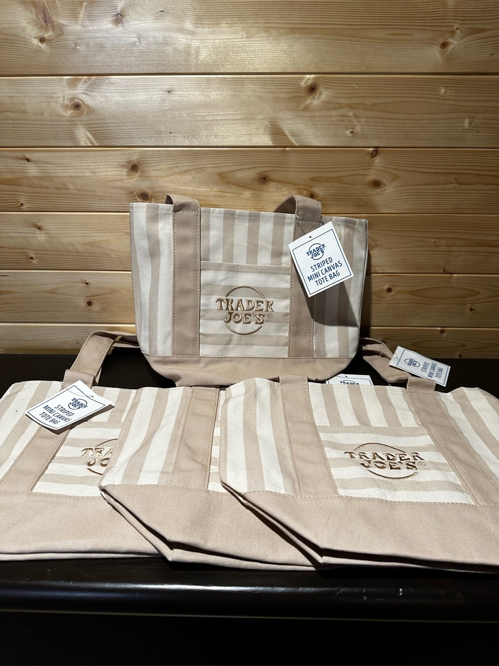 4 Authentic BNWT viral Trader Joe’s 2026 striped mini canvas summer tote in tan